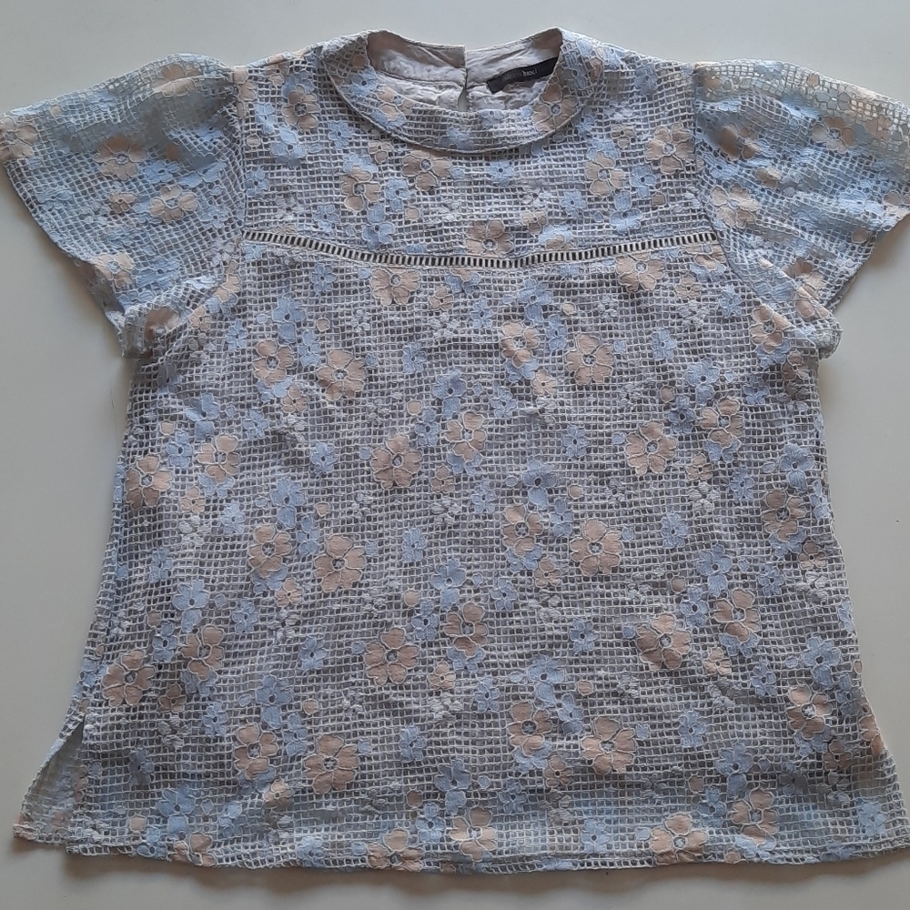 Hazel small blue peach lace flutter sleeve blouse